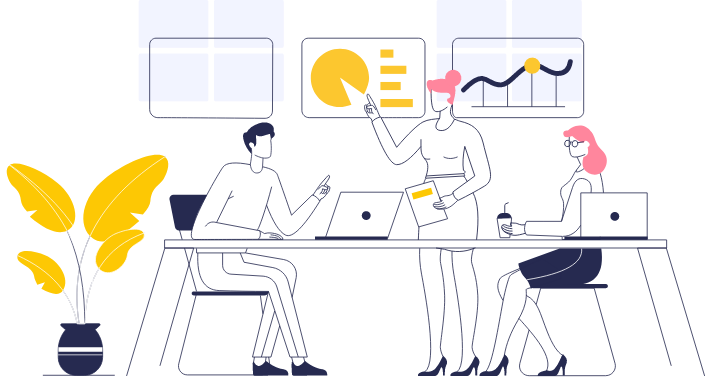 Three people sit and stand around a table with laptops, discussing charts displayed on the wall. A plant is on the left side of the image. - Kipaji Lab