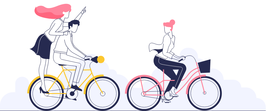 Illustration of two women and one man riding bicycles; one woman sits on the back of a man's bike pointing ahead, while the other woman rides a bike beside them. - Kipaji Lab