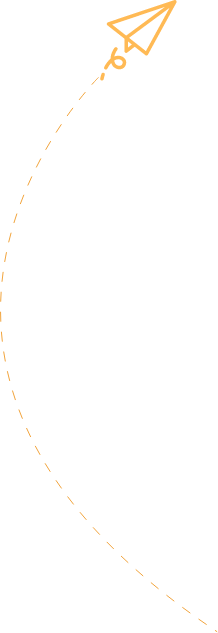 Orange paper airplane with a dashed curved flight path on a light gray background, with the airplane located in the upper right corner. - Kipaji Lab