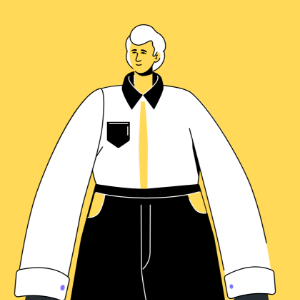 Illustration of a person with short white hair wearing an oversized white shirt with black collar and pocket, and black pants, on a yellow background. - Kipaji Lab