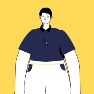 Illustration of a person with short dark hair, wearing a navy blue polo shirt and white pants, standing against a yellow background. - Kipaji Lab