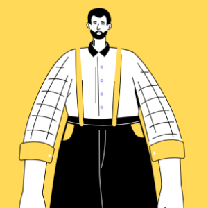 Illustration of a man with a beard wearing a white shirt with grid lines, yellow suspenders, and black pants, set against a yellow background. - Kipaji Lab