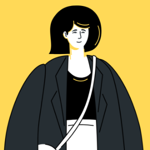Illustration of a person with short dark hair wearing a black jacket, black top, and white bag, set against a yellow background. - Kipaji Lab