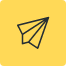 Black outline icon of a paper airplane centered on a solid yellow background. - Kipaji Lab