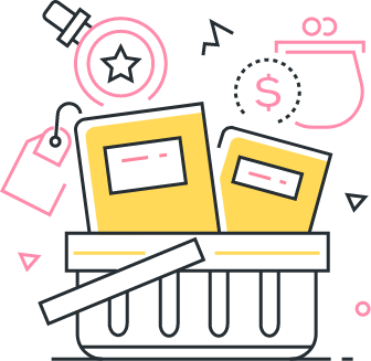 Illustration of a shopping basket containing two yellow notebooks, surrounded by icons of a price tag, a dropper, a coin purse, and dollar symbols. - Kipaji Lab