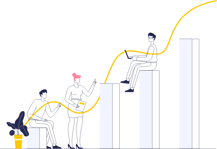 Three people with digital devices interact near and on top of ascending bar graph columns, with a yellow upward-trending line connecting them. A small potted plant sits beside the first person. - Kipaji Lab
