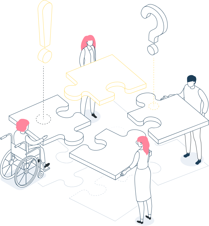 Four people, including one in a wheelchair, assemble large puzzle pieces; an exclamation mark and a question mark float above two of them. - Kipaji Lab