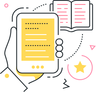 Illustration of a hand holding a tablet with text on the screen, next to an open book, star, and abstract shapes in the background. - Kipaji Lab