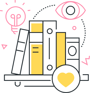 Illustration of books and folders on a shelf, with a large eye, lightbulb, and heart icons in the background, outlined in pink and yellow. - Kipaji Lab