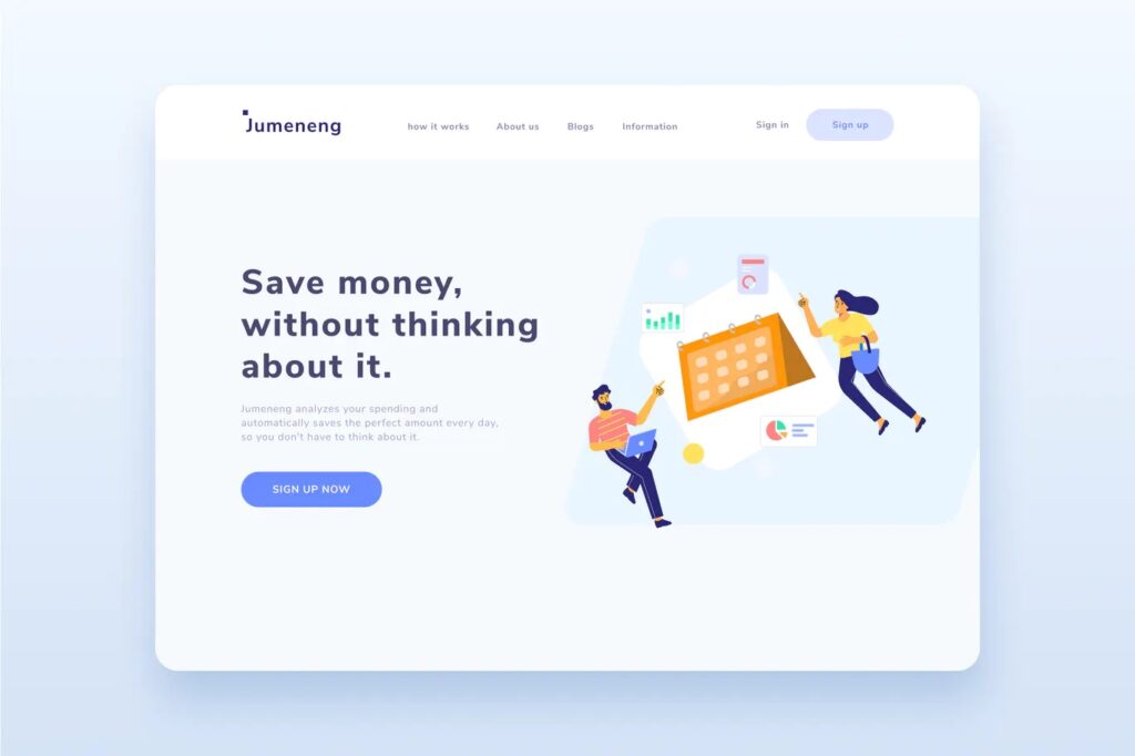 A website landing page with the headline "Save money, without thinking about it," a sign-up button, and an illustration of two people with financial charts and a calendar. - Kipaji Lab