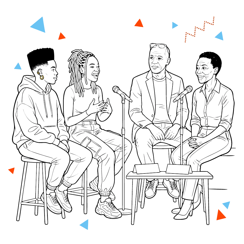 Four people sit on stools and talk into microphones, appearing to participate in a panel discussion against a simple background with geometric shapes, as part of the Red Balloon Festival Africa. - Kipaji Lab